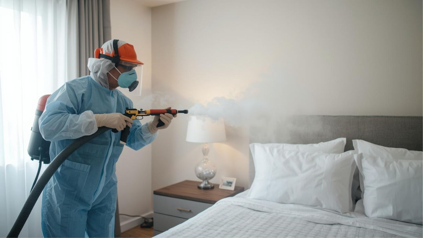 Professional fogging a bedroom to eliminate smells using odor removal services.